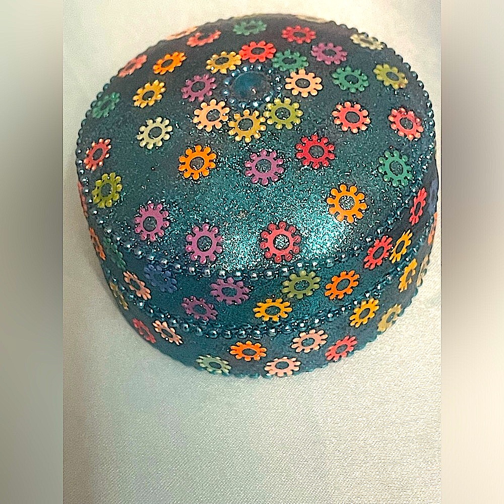 metallic trinket box shiny beaded turquoise teal from India World market vintage